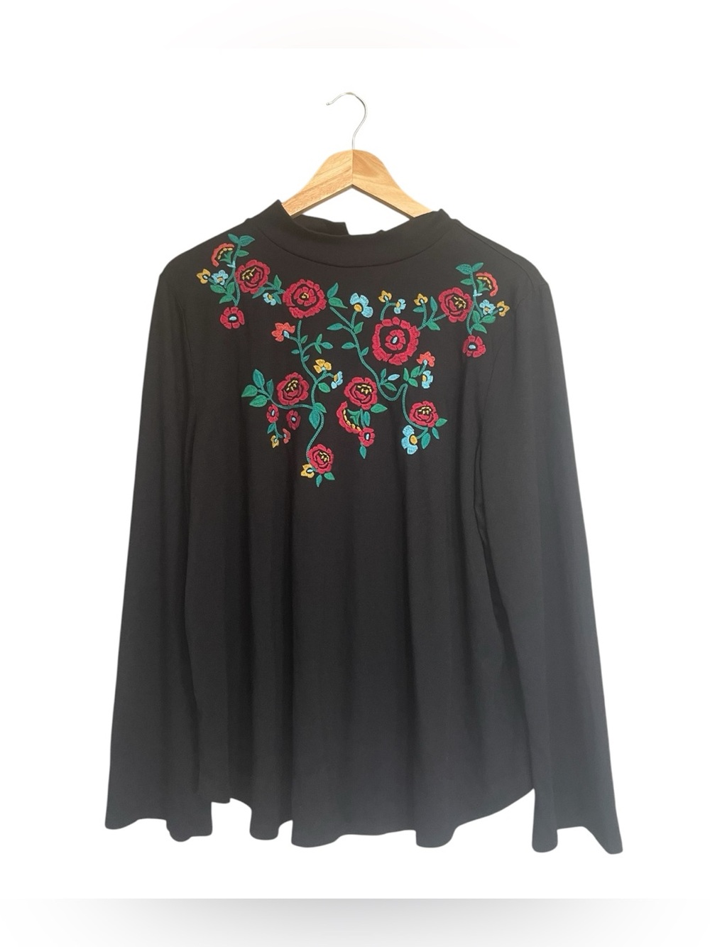 LOFT Black Long Sleeve Top with Floral Embroidery